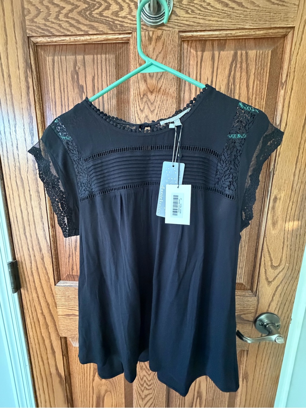 Daniel Rainn Black Lace-Yoke Cap Sleeve Blouse